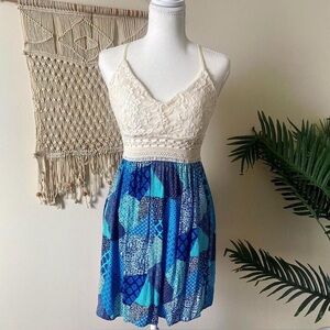 IRIS Crochet Lace & Blue Patchwork Mini Dress